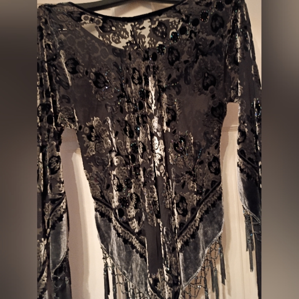 Black Silk Burnout Beaded Mini Dress -CUSTOM SZ L (8/10)